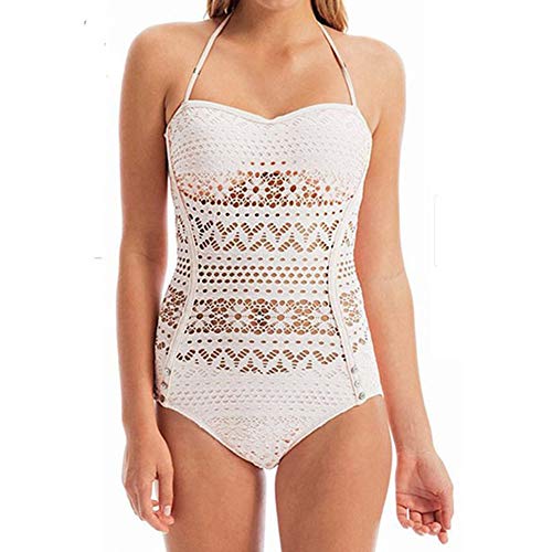 Tutyuity Traje de baño de una Pieza con Tirantes Tipo Halter y Encaje para Mujer, Blanco, Medium