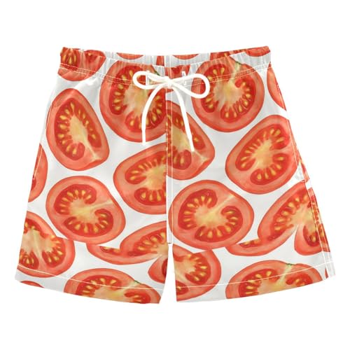 DOMIKING Tomato Slice Red Boys' Swimwear Quick Dry Swim Trunks with Pockets for Boys Beach Pool Adjustable Waist L