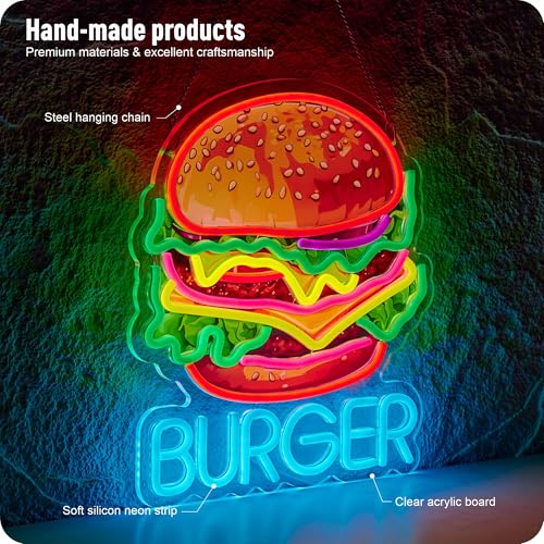 Image of Burger Neon Sign for Wall Decor Hamburger Business Dimmable LED Light USB Powered Burgers Art Signs for Food Shop Restaurant Snack, Size:16.5 x 12.6inch