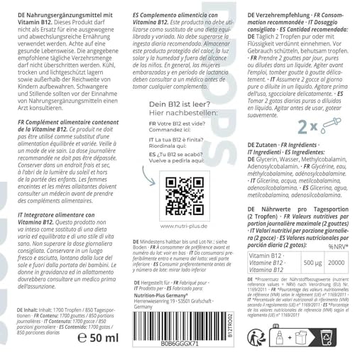 Nutri + Vitamin B12 Tropfen 50 ml hochdosiert + vegan - B 12 Flüssig 500 µg - Drops mit bioaktivem Methylcobalamin & Adenosylcobalamin ohne Alkohol