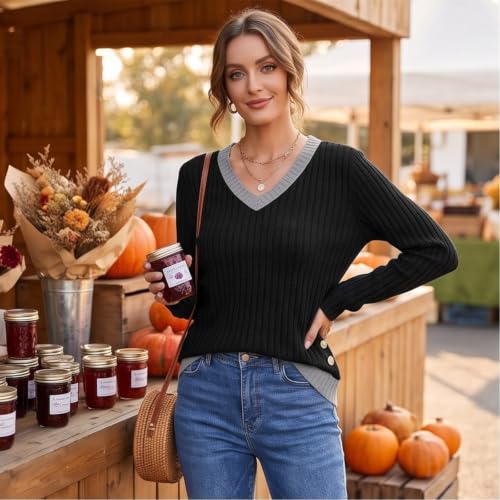 Lightweight Sweaters for Women V Neck Ribbed Knit Cozy Button Side Sweaters - image 6