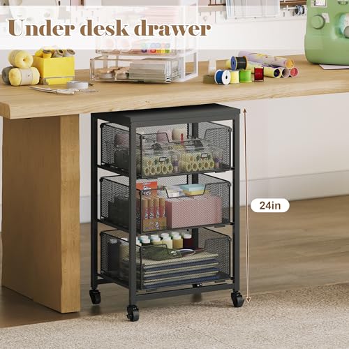 Image of Under Desk Storage Cart with Lockable Wheels, 3-Drawer Rolling Storage Cart, Metal Utility Cart with Drawers for Art, Cart, Classroom, Office, Kitchen, Bedroom, Dorm Storage Under Bed