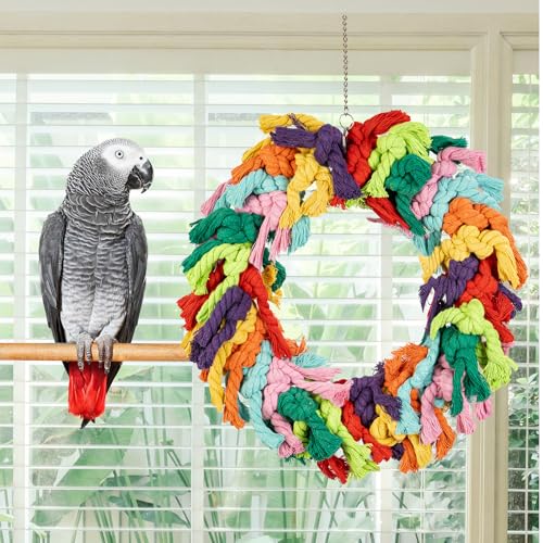 Image of Parrot Swing for Large Birds - Colorful Cotton Rope Hanging Ring Toy for African Grey, Cockatoo, Conure, and Parakeet | Chewing, Exercise, Climbing, and Snuggling (Parrot Swing)