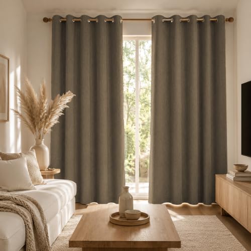 Image of LINENWALAS 100% Blackout Curtains for Window (5 Feet) - Set of 2 Panels, Herringbone Linen Texture Complete Light Block, Thermal Insulated & Noise Reducing Room Darkening Drapes (Coffee Brown)