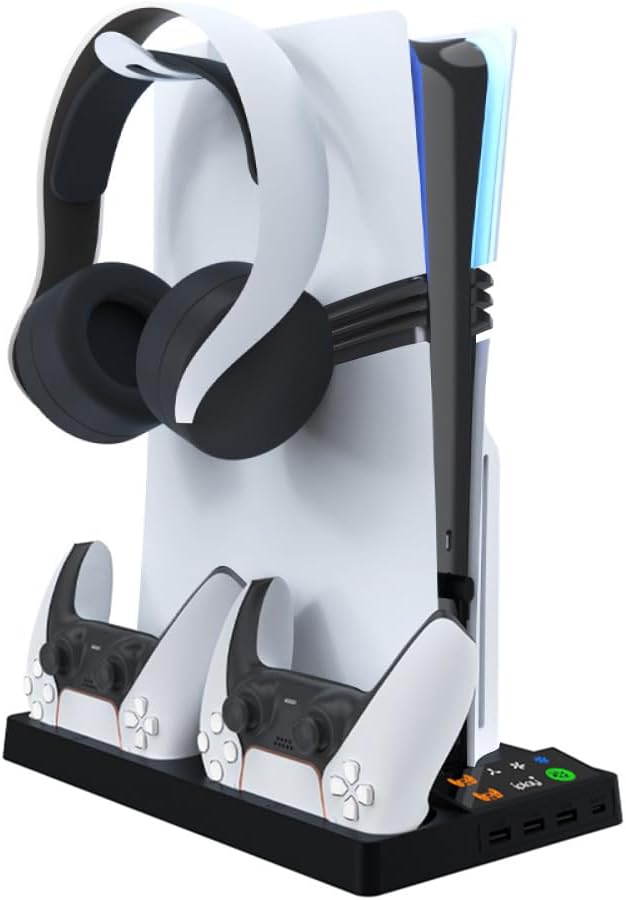 for PS5 Pro/PS5 Slim Cooling Stand Dock with Dual Controllers Charging Station, for P5 Pro Disc & Digital Console Bracket Base 3 Speed Cooling Fan Organizer with Headphone Hanger (Black)