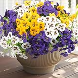 Rowfad 18 Pcs Artificial Fake Pansy Flowers for Outdoor, Faux Silk Pansies Spring Flowers for Outside for Planter Front Door Porch Yard Patio Window Box Home Decor (18, Purple, Yellow, White)