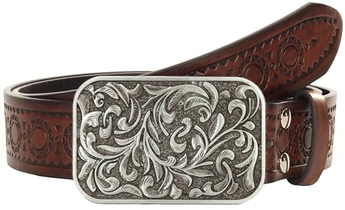 Western-Leather Belts for Women Classic Cowboy Cowgirl Embossed Belt with Floral Vintage Buckle for Jeans Pants