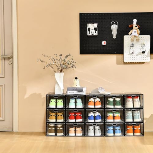 Image of INSTY 12 Pack Large Shoe Storage Box, Clear Shoe Storage Organizer with Magnetic Door, Stackable,Shoe Containers For Display Sneakers, Easy Assembly, Fit up to US Size 12, Transparent