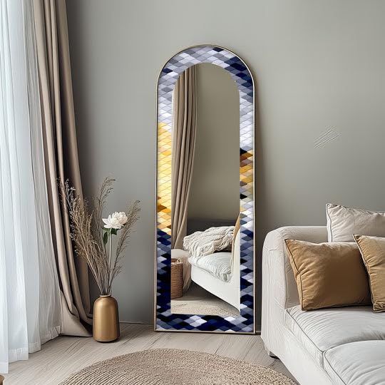 Specchio da pavimento con motivo geometrico in argento, oro e blu navy, 63,5 x 160 cm (larghezza x altezza), specchio da pavimento con cornice nera e cornice nera