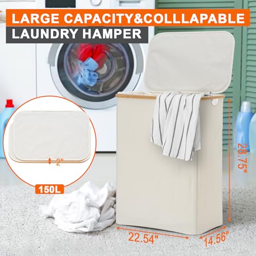 GARPROVM Double Laundry Hamper with Lid 150L Large Laundry Basket with Bamboo Handles Foldable Clothes Hampers with 2 Removable Liner Bags for Laundry for Bedroom Bathroom Dorm Laundry Room (Beige) by GARPROVM - Used condition - Image 3