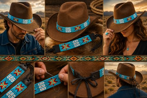 Image of Cowboy Western Beaded Hat Band Rodeo Style Handmade