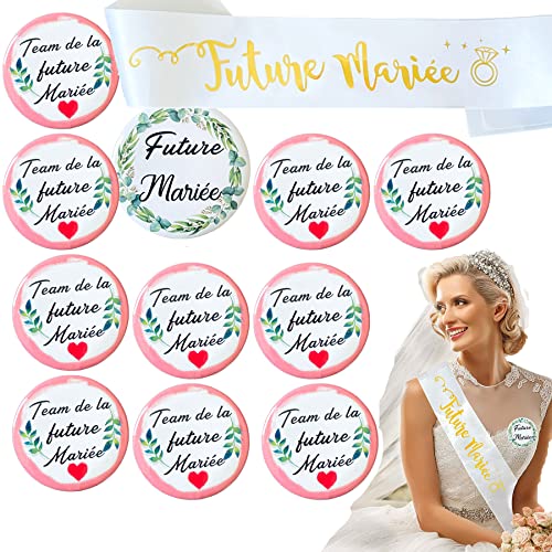 14pcs Accessoire EVJF Cadeau Future Mariée Badge mariée+12pcs Badges Team Mariée+Écharpe Future Mariée Décorations Enterrement de Vie de Jeune...