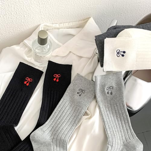 Image of Women's Cute Crew Socks, Casual Athletic Cotton Bowknot Cherry Calf Novelty Socks for Women