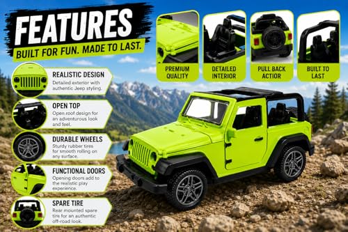 Image of Braintastic Model Diecast Car Toy Vehicle Pull Back Friction with Openable Doors Light & Music Toys for Kids Age 3+ Years (Thar Jeep Small Green)