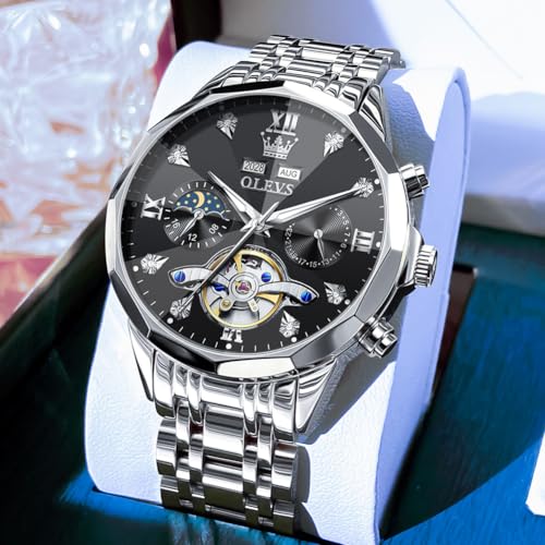 Image of OLEVS Automatic Men Watch Self Winding Mechanical Moon Phase Business Luxury Diamond Dress Stainless Steel Waterproof Luminous Mens Wrist Watch