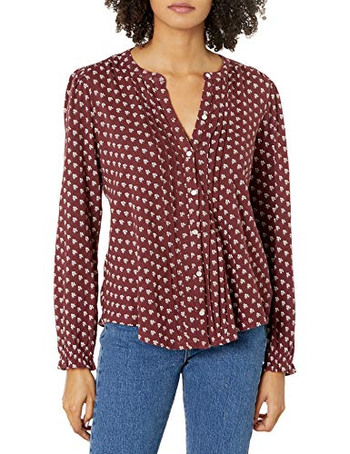 Lucky Brand Women's Long Sleeve Button Up Printed Pintuck Blouse, Burgundy Multi, XS