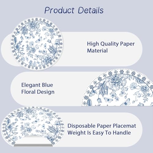 Set de table jetable en papier motif floral bleu 35 cm pour réception chic x50