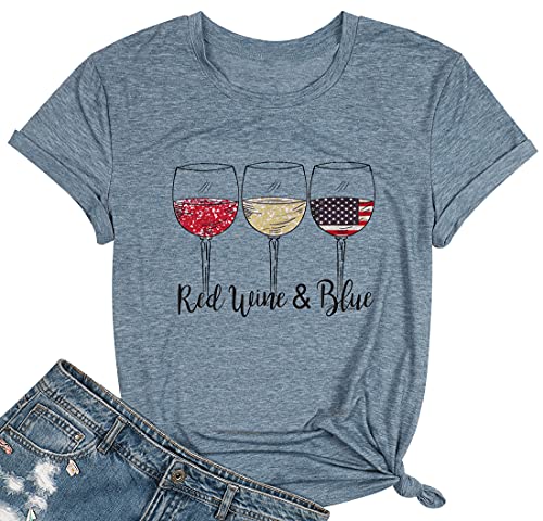 Patriotic Shirts For Women Red White And Blue Shirts American Flag Shirt 4Th Of July Tops Funny Wine Glass Graphic Tees #TOP7