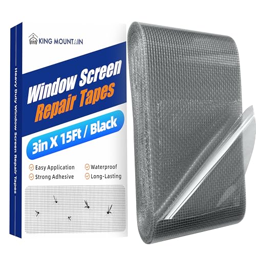KING MOUNTAIN Black Window Screen Repair Tape,3inX15FT Heavy Duty Screen Repair Kit for Window Screen and Screen Door Tears Holes,Strong Adhesive &amp; Waterproof Window Screen Patch, Weather Resistant