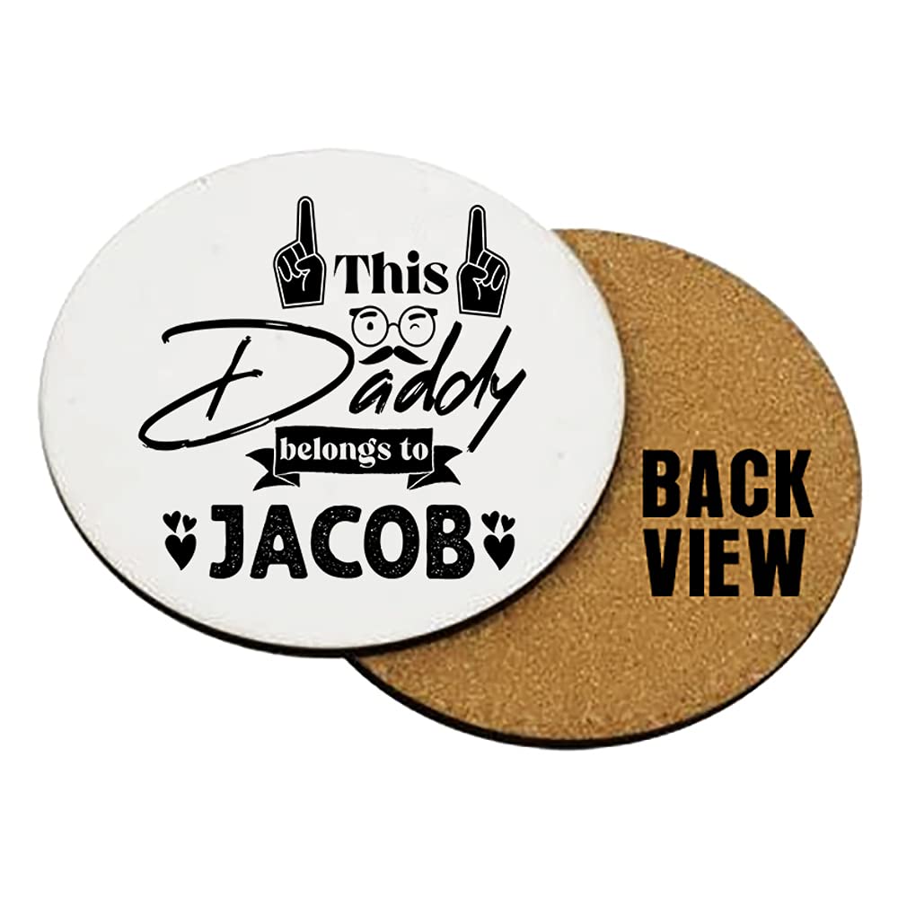 Personalised This Daddy Belongs to ANY NAME Fathers Day Funny Dad Gift for Him Secret Santa Birthday Tableware, Coffee/Tea/Drink Coaster. (Round Shaped Coaster)