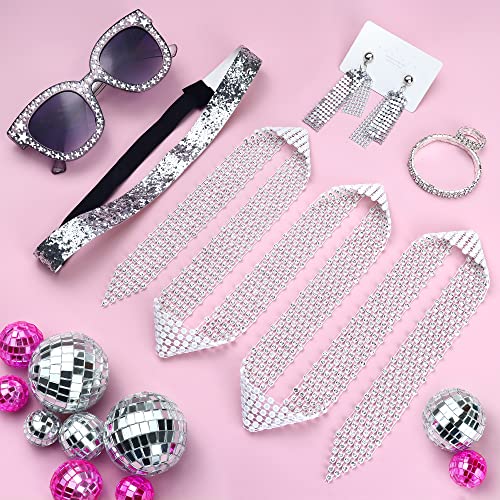 Baanfly 7Pcs 1970s Disco Accessories Women Set Bling Earrings Neckscarf Bracelet Ring Sequin Headband Sunglasses Hippie Costume Fancy Jewelry Kits for Girls 70s Theme Dance Party Abba - Image 2