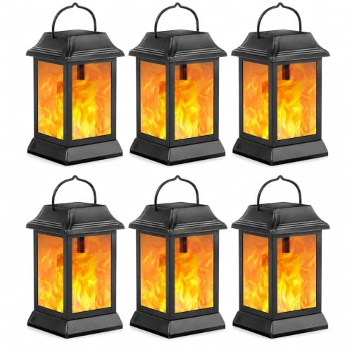 TomCare Flickering Flame Solar Lights Outdoor Metal Hanging Lantern, 6 Pack