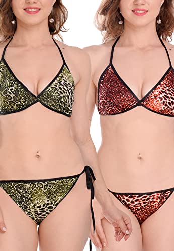 Image of Satin Animal Print Embellished Bikini Bra & Panty Lingerie Set for Women & Girls, Fits Well for Plus Size.