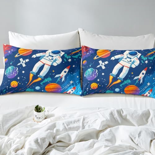 Homemissing Cosmonaut Spaceman Duvet Cover Set King Size For Kids Boys Teens Universe Planets Bedding Set Space Rocket Comforter Cover Set Outer Space Room Decor Quilt Cover with 2 Pillowcase - Image 4