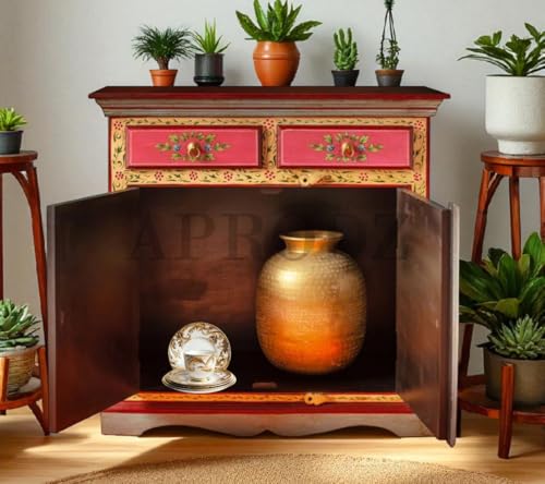 Image of APRODZ Hand-Painted Solid Wood Sideboard Cabinet with 2 Doors & 2 Drawers | Wooden Storage Cabinet for Bedroom Living Room & Kitchen | Crockery Cabinet, Kitchen Storage | Multicolor, 30x16x36 Inches