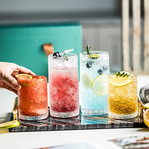 Insetlan Glass Cups Vintage Glassware Set Of 4, Embossed Pattern Style Transparent Cocktail Glasses Set With Straw And Coaster, Romantic Water Glasses, Bar Beverages Ice Coffee Cup Juice (Small) #TOP4