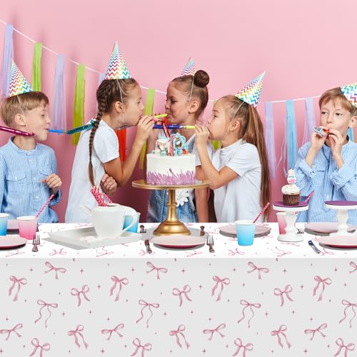 KEASKELL 2Pcs Coquette Party Tablecloths Decorations,Pink and White Bow Plastic Table Cover Disposable Rectangle Table Cloth for Girls Birthday Bridal Wedding Baby Shower Party Supplies,54x108 Inch by KEASKELL - Used condition - Image 6