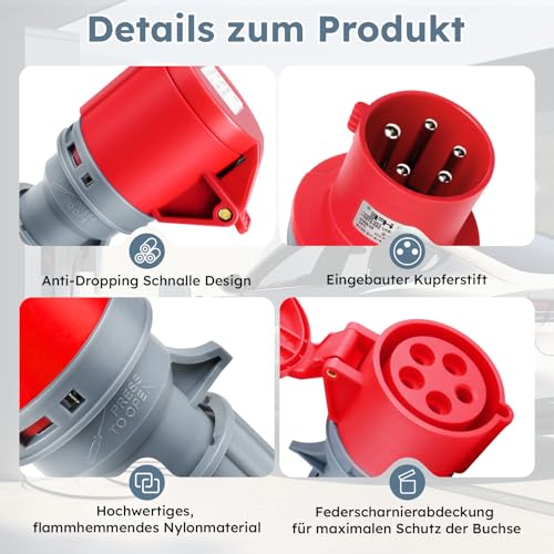 CEE Adapter 63A auf 32A, 400V Kupplung Starkstrom mit Schutzschalter, IP44 CEE Stromadapter Stecker und Steckdose H07RN-F Wohnmobil-Adapterkabel
