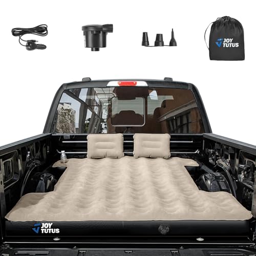 JOYTUTUS Truck Bed Mattress for 5.5-5.8Ft, Full Size Inflatable Mattress Pickup Short Beds for Outdoor Camping, with Carry Bag & Cup Holder & Cavity Design, Camel&Black