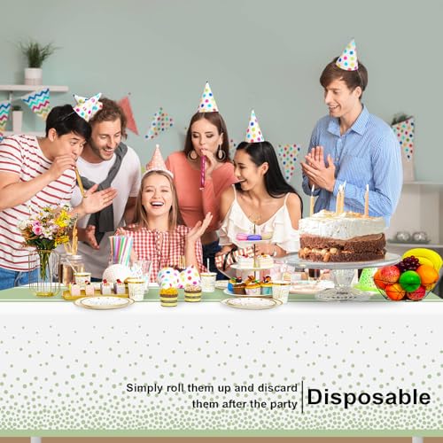 Image of 4 Pack White and Sage Green Tablecloth Party Decorations Plastic White Tablecloth Printed Sage Green Table Runner 54 x108 Inch Disposable Rectangle Table Cover for Birthday Wedding Graduation