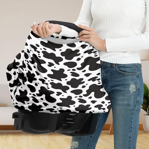 Image of Forchrinse Cow Print Car Seat Cover for Babies Soft Breathable Breastfeeding Nursing Cover Infant Carseat Canopy Stroller Cover Easy Install