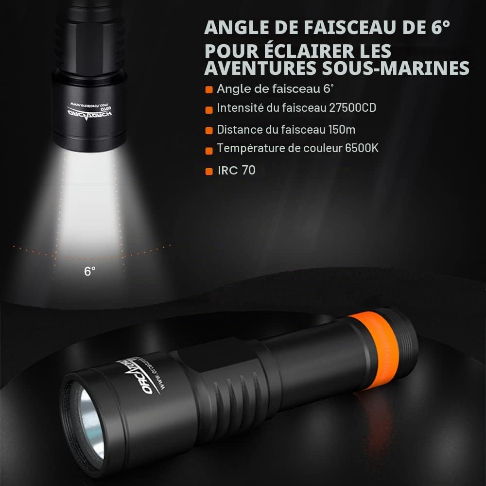 ORCATORCH Lampe de plongée D700 1700 lumens - 150 m de profondeur