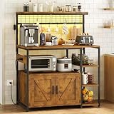 TVU Bakers Rack with Power Outlet and LED Light, Microwave Stand with Storage Cabinet, Coffee Bar Cabinet...