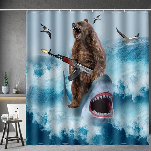 Image of Funny Shark Bear Shower Curtain - Fun Bear Riding Shark in Ocean Wave Cool Shower Curtains Set with 12 Hooks for Adults Wild Bathroom Decor Accessories, 72 inchx72 inch, Blue Brown