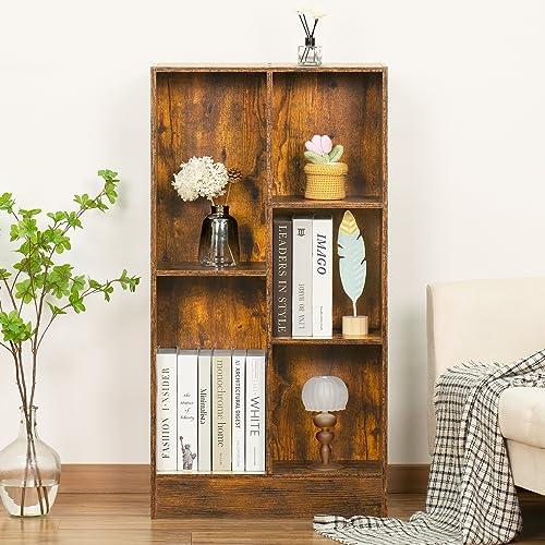 LEYAOYAO 5 Cube Mid-Century Modern Brown Wood Bookcase, 3 Tier Storage Organizer Shelf, Rustic Display Cabinet for Bedroom, Living Room, Office
