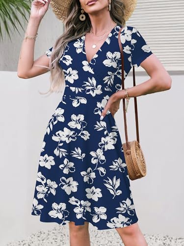 Image of MSBASIC Womens Summer Wrap V Neck Casual Dresses Floral Short Sleeve A-Line Midi Sundress