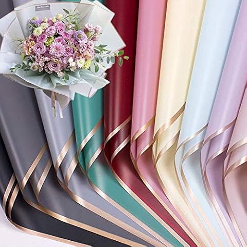 XICHEN 100 Sheets /10 Colors Gold Edge Flower Wrapping Paper,Florist Bouquet Supplies,DIY Crafts,Gift Packaging or Gift Box Packaging, Waterproof Floral Wrapping Paper 22.8x22.8Inch Cover