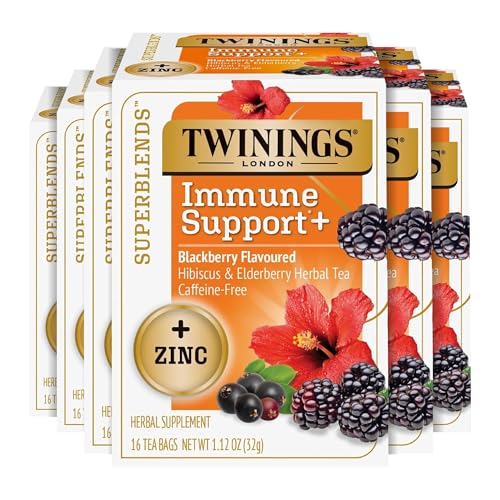 Image of Twinings Superblends Immune Support+ Zinc Blackberry Flavoured Hibiscus, Elderberry Herbal, Naturally Caffeine-Free, 16 Tea Bags (Pack of 6), Enjoy Hot or Iced, 96 Teabags