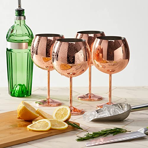 Oak & Steel 4 Pack 24Oz Big Stainless Steel Glasses - Rose Gold Gin, Cocktail, Wine Glasses - Unbreakable Metal Balloon Stem Goblets, For Indoor Outdoor Parties, Events (Gift Set Of 4) #TOP4