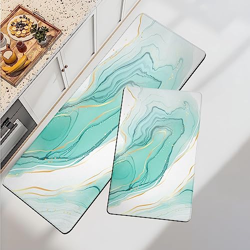 Teal Marble Kitchen Rugs Anti Fatigue Kitchen Floor Mat 2/5 Inch Thick Cushioned Memory Foam Abstract Golden Washable Comfort Standing Mat Kitchen Runner Rug For Sink Laundry, Set Of 2 #TOP6