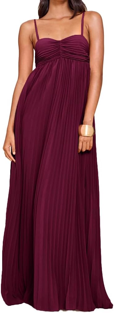 Myclotype Women's Plisse Dress Adjustable Spaghetti Strap Maxi Solid Party Wedding Guest Dresses