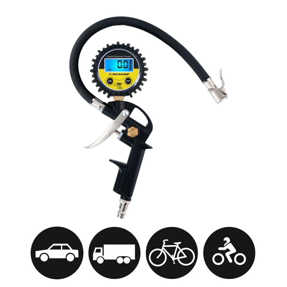 Dunlop Manometro digitale per pneumatici – Misura PSI/BAR/KPA/KG – Funziona a batterie – Tubo dell'aria da 30 cm – Adatto alla maggior parte dei compressori d'aria – auto, bicicletta, moto e camion