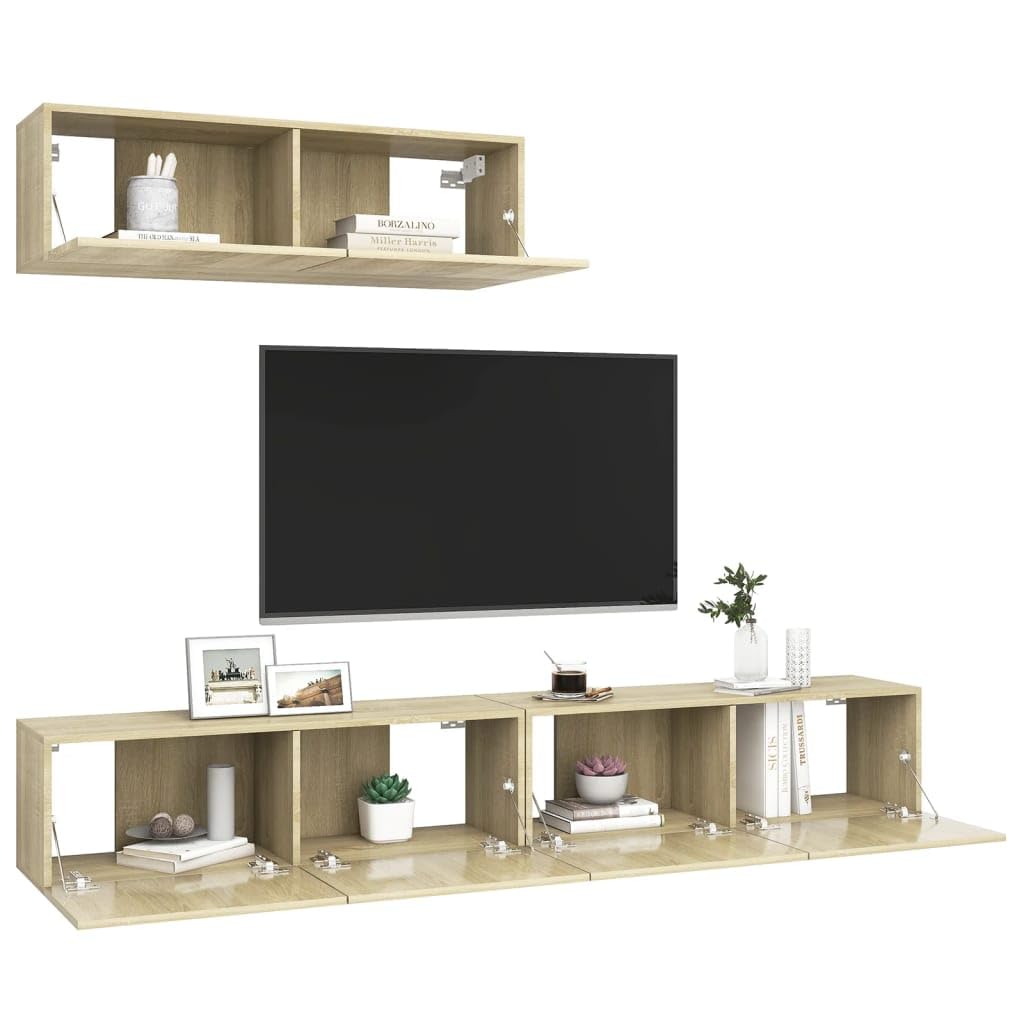 Set di 3 mobili per TV, in rovere Sonoma, 100 x 30 x 30 cm, montaggio a parete, con vano portaoggetti, per soggiorno, camera da letto, angolo gaming