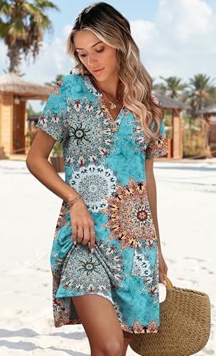 Image of WIHOLL Summer Dresses for Women Casual V Neck Wedding Guest Dress Hawaiian Midi Dress Fashion Beach Vacation Clothes