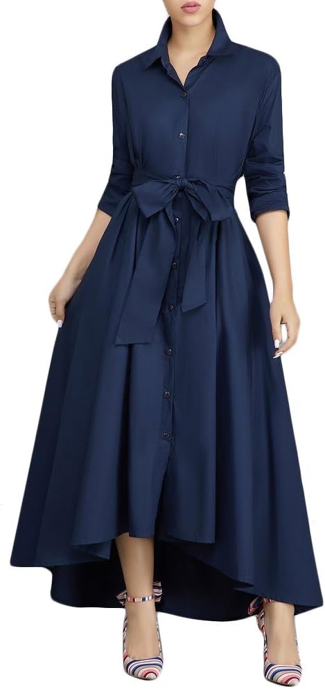 Women's Button up Split Roll up Sleeve Pleated Flowy Party Maxi Dress Blue Large