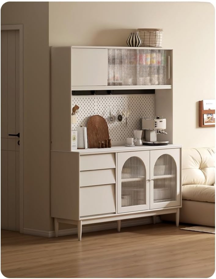 GVAwood Solid RubberWood French Cream Style Sideboard 59x15.7x73.6 inch / 150.4x40.4x187.7cm / Warm White Color/Solid RubberWood 1.5m Sideboard + Shelf